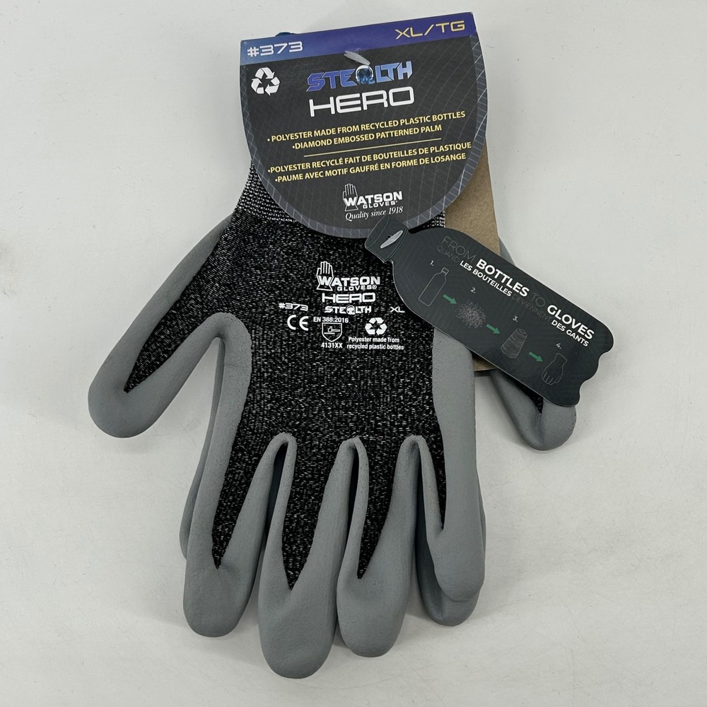 Watson Gloves Stealth Hero 373 Mens XL Gray Nitrile Grip Work Gloves NEW Eco Tag